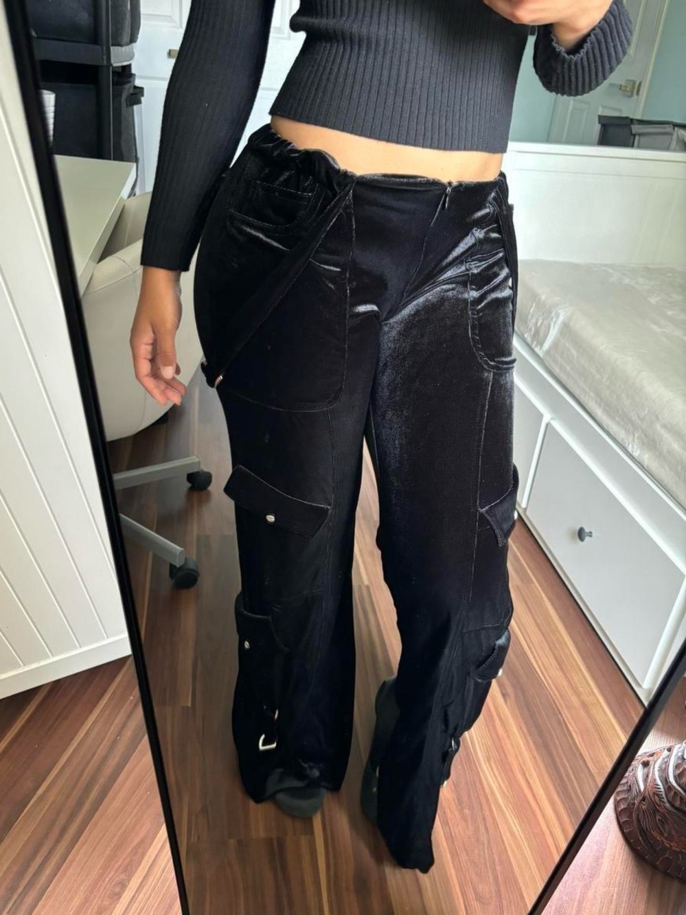 Black Velvet Wide-Leg Cargo Pants